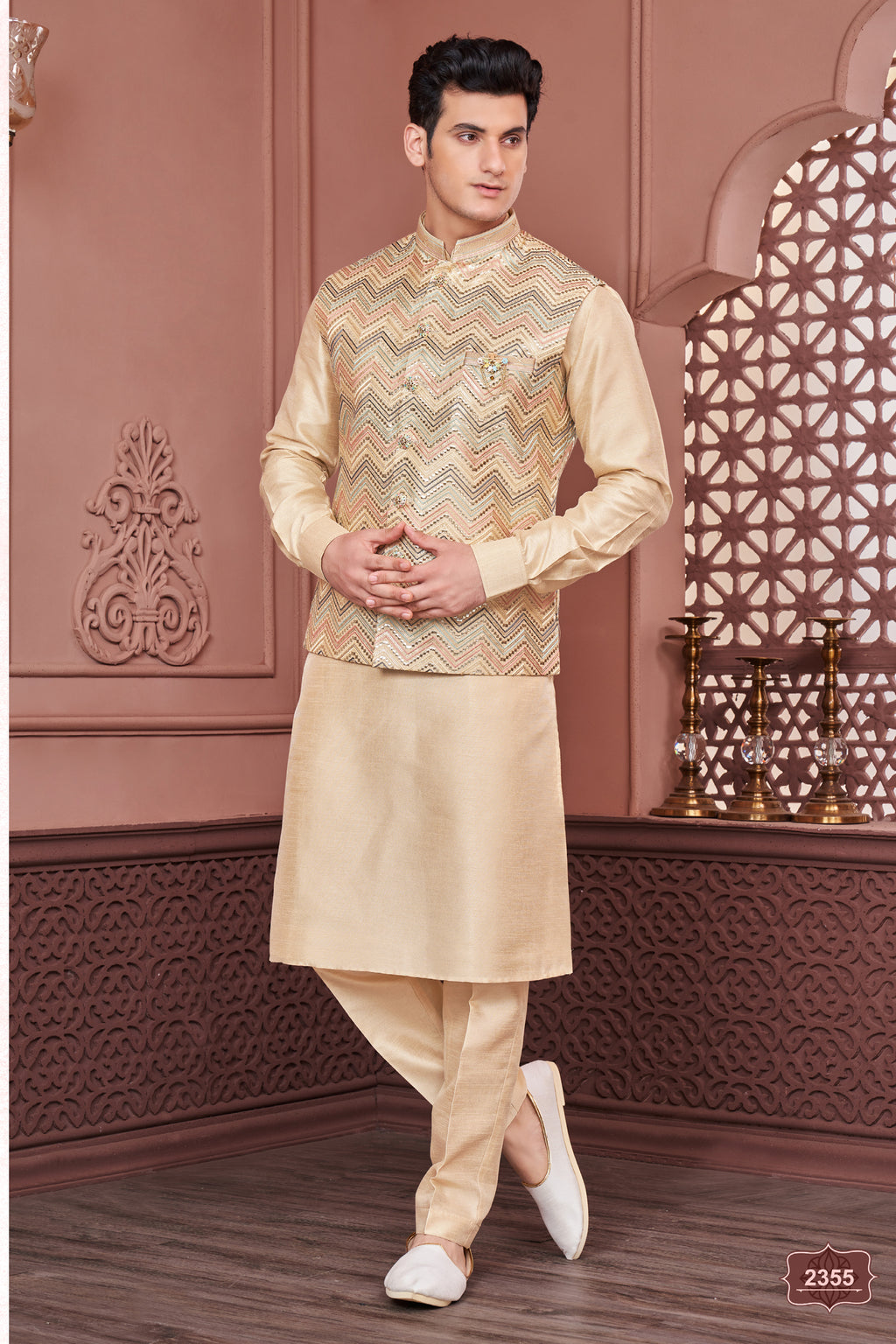 Indian Mens Designer Eid Wedding Wear Kurta Payjama Jacket Set