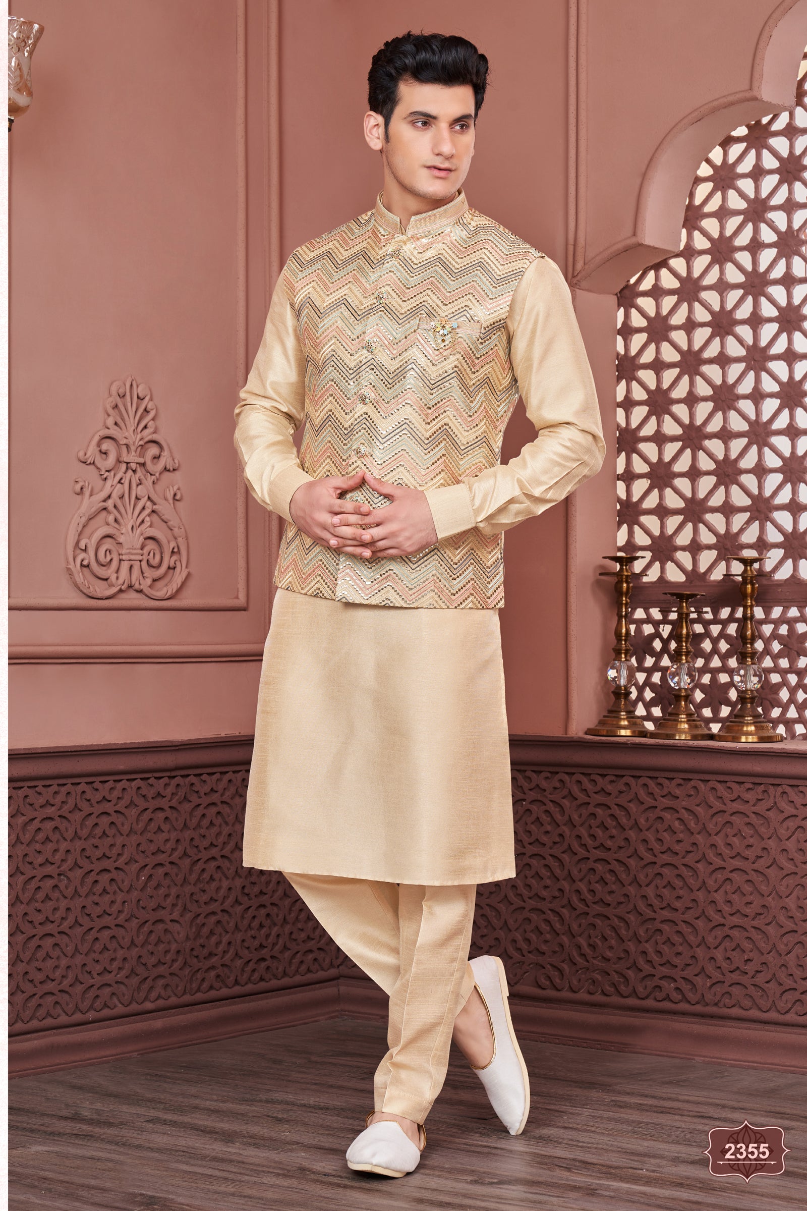 Indian Mens Designer Eid Wedding Wear Kurta Payjama Jacket Set